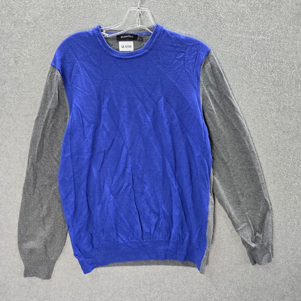 Bugatchi Men Sweater Large Blue Colorblock Gray 100% Merino Wool Crew Pullover‎